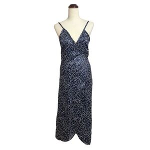 Navy Blue White Speckled Wrap Midi Dress Sundress Spaghetti Straps Size Large